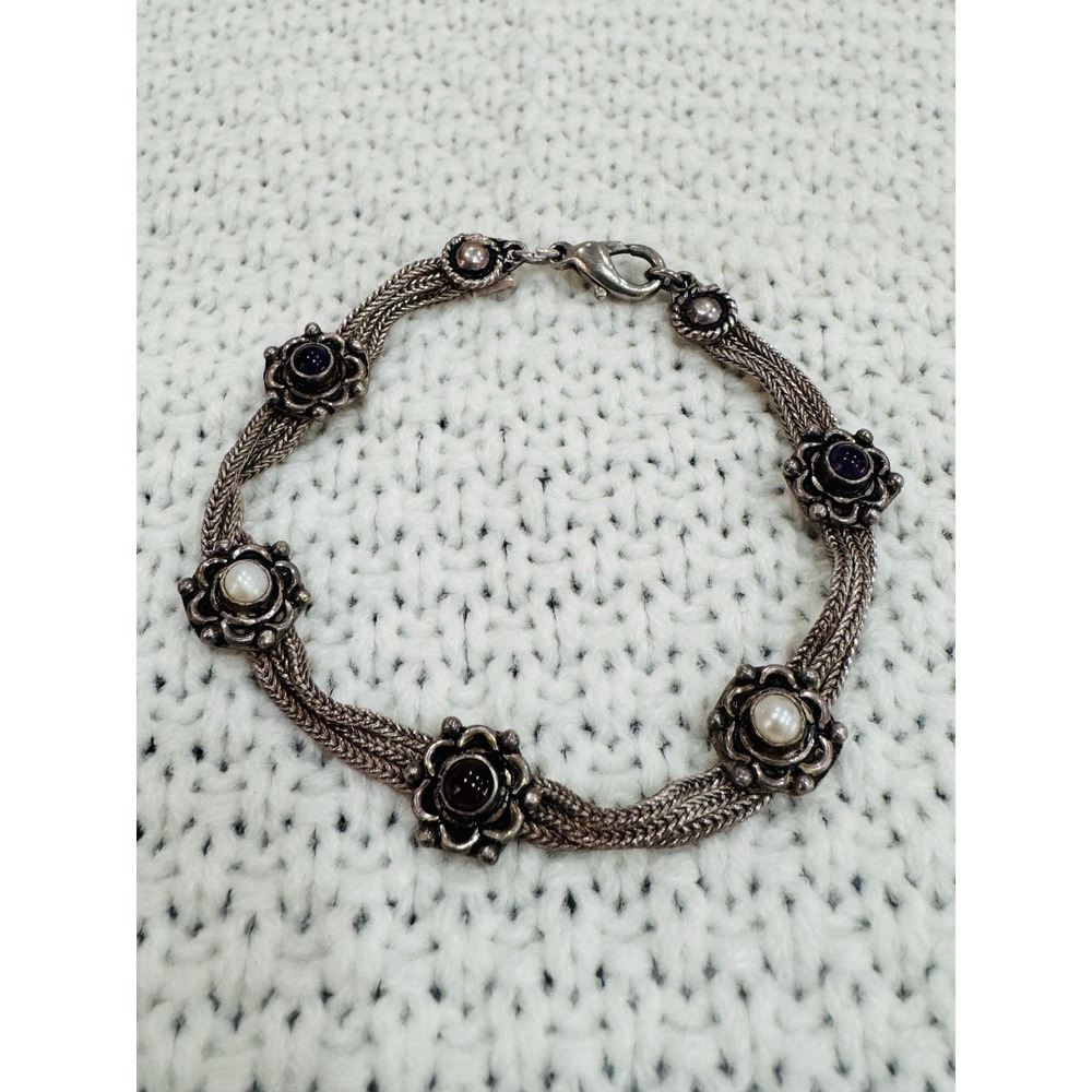 925 Sterling Silver Purple White Cabochon Floral Bracelet 7.25"